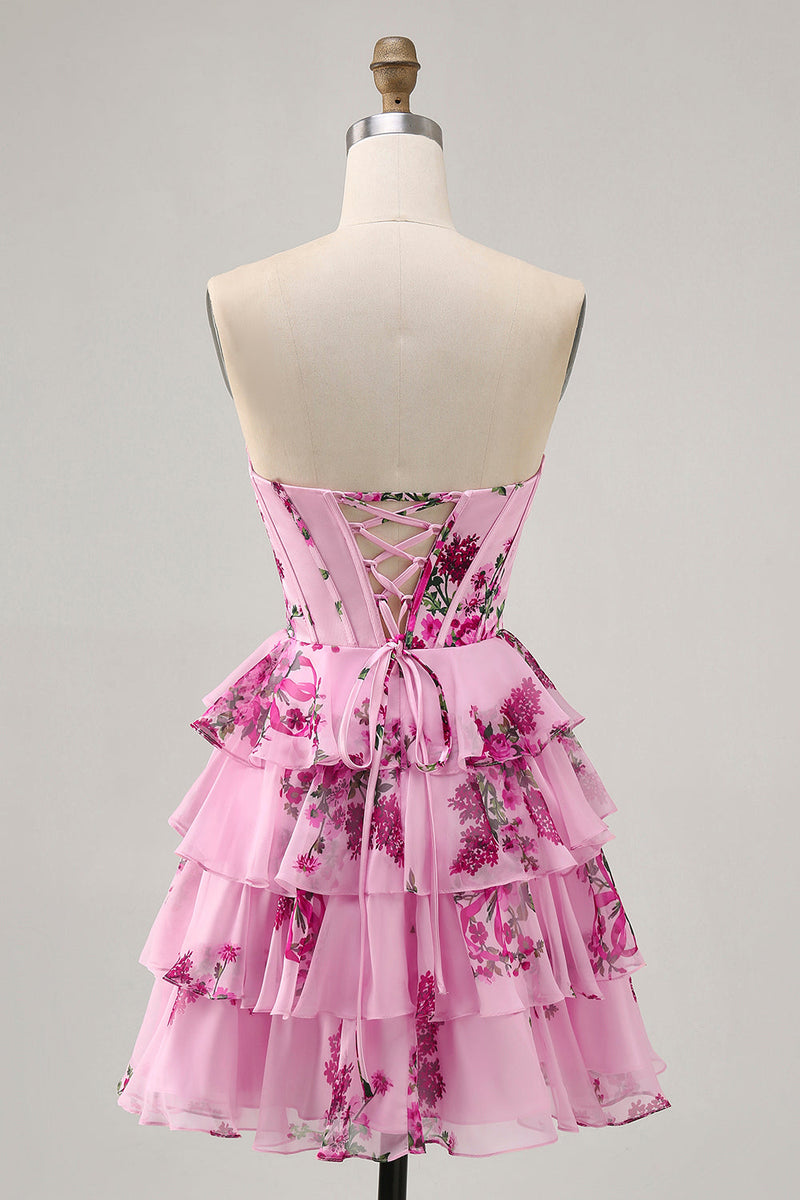 Load image into Gallery viewer, Pink Floral Short Sweetheart Corset Prom Dress with Ruffles