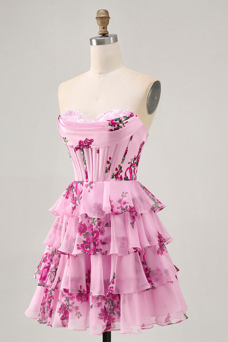 Load image into Gallery viewer, Pink Floral Short Sweetheart Corset Prom Dress with Ruffles