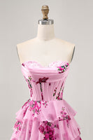 Load image into Gallery viewer, Pink Floral Short Sweetheart Corset Prom Dress with Ruffles