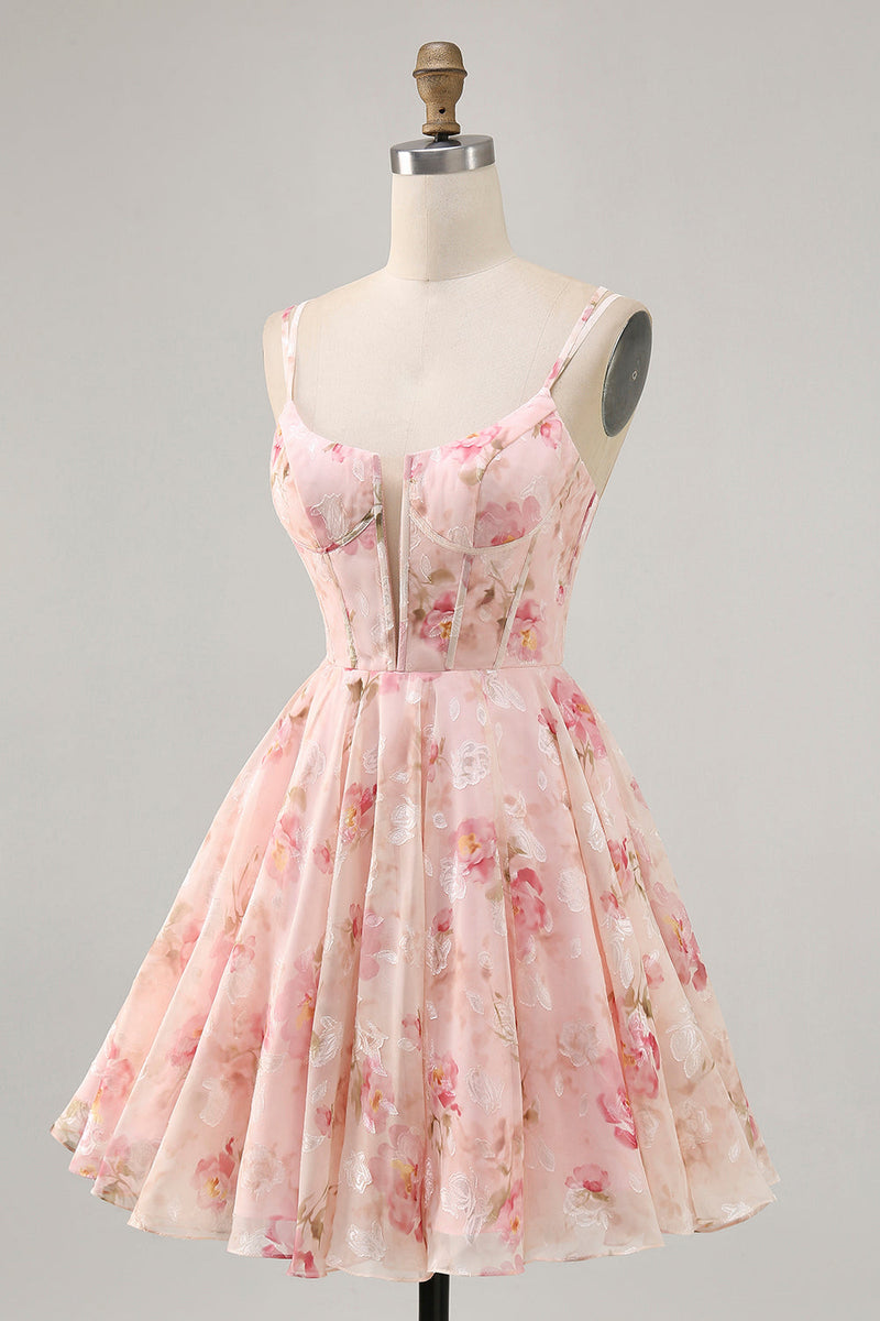 Load image into Gallery viewer, Blush A Line Floral Chiffon Short Corset Prom Dress