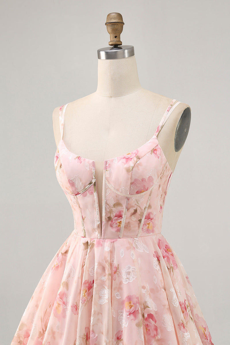 Load image into Gallery viewer, Blush A Line Floral Chiffon Short Corset Prom Dress