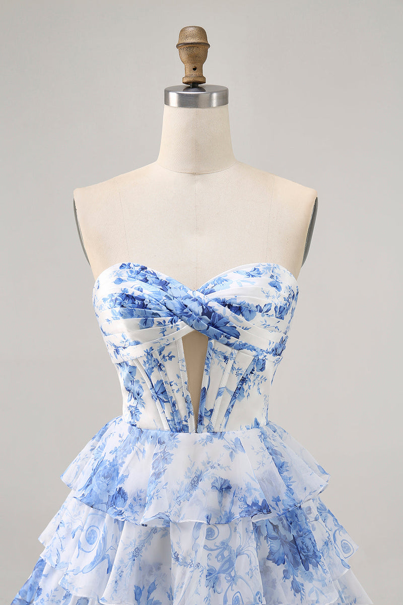 Load image into Gallery viewer, White and Blue Ruffled Floral Short Corset Prom Dress with Keyhole