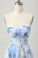 Load image into Gallery viewer, White Blue Flower Corset A Line Short Prom Dress