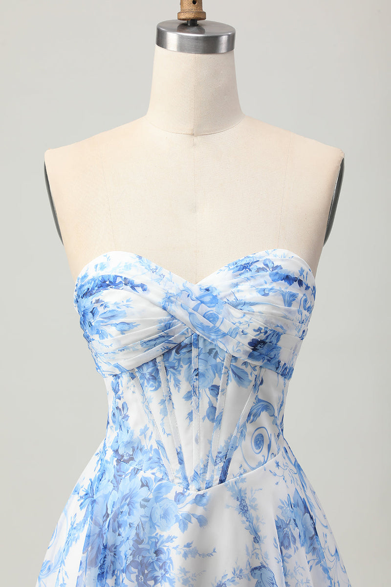 Load image into Gallery viewer, White Blue Flower Corset A Line Short Prom Dress
