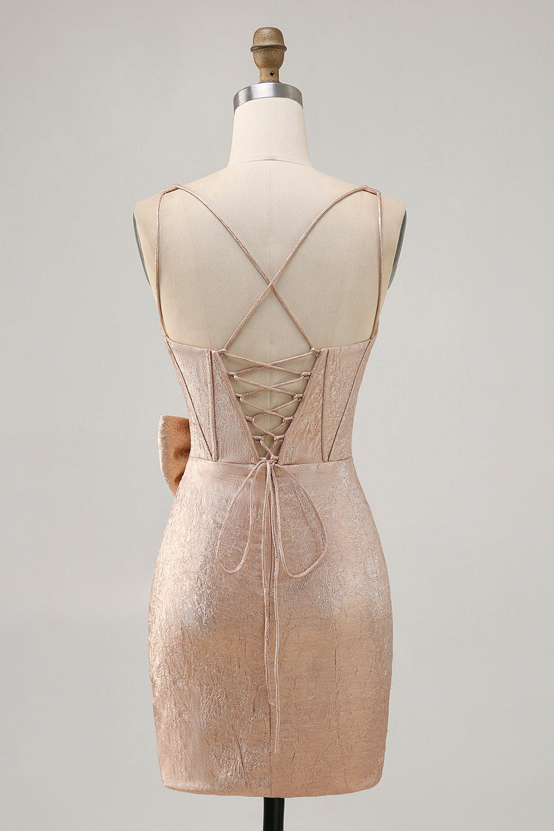 Load image into Gallery viewer, Champagne Tight Jacquard Short Corset Prom Dress with Bow