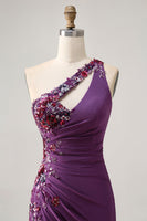 Load image into Gallery viewer, Sparkly Dark Purple One Shoulder Floral Tight Short Prom Dress