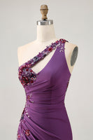 Load image into Gallery viewer, Sparkly Dark Purple One Shoulder Floral Tight Short Prom Dress