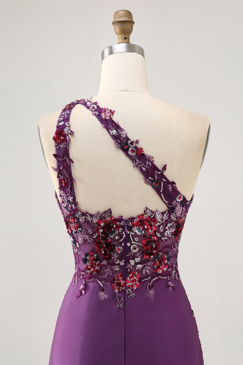 Load image into Gallery viewer, Sparkly Dark Purple One Shoulder Floral Tight Short Prom Dress