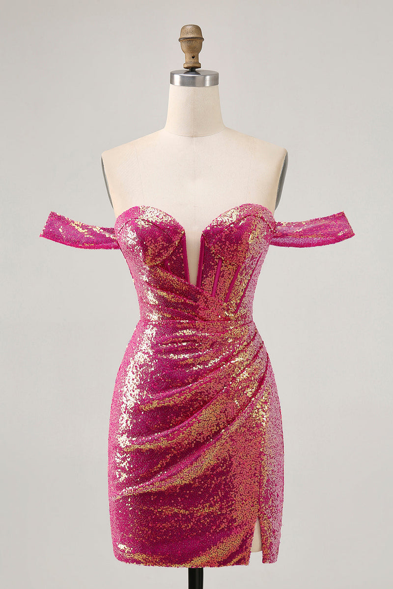 Load image into Gallery viewer, Sparkly Fuchsia Tight Sequin Ruched Short Corset Prom Dress