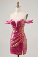 Load image into Gallery viewer, Sparkly Fuchsia Tight Sequin Ruched Short Corset Prom Dress
