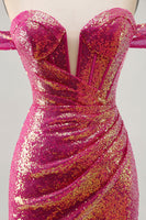 Load image into Gallery viewer, Sparkly Fuchsia Tight Sequin Ruched Short Corset Prom Dress