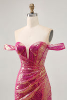 Load image into Gallery viewer, Sparkly Fuchsia Tight Sequin Ruched Short Corset Prom Dress