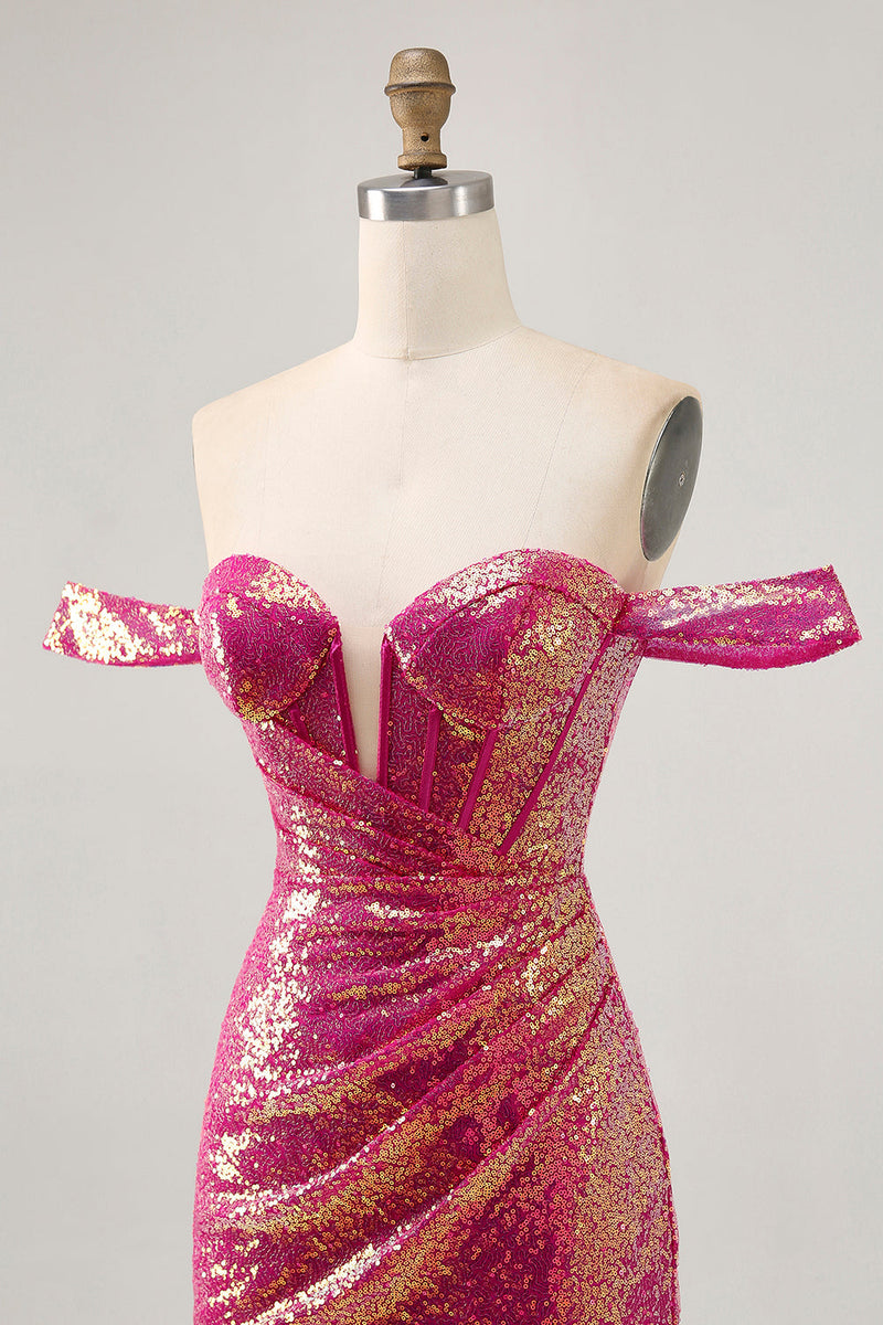 Load image into Gallery viewer, Sparkly Fuchsia Tight Sequin Ruched Short Corset Prom Dress
