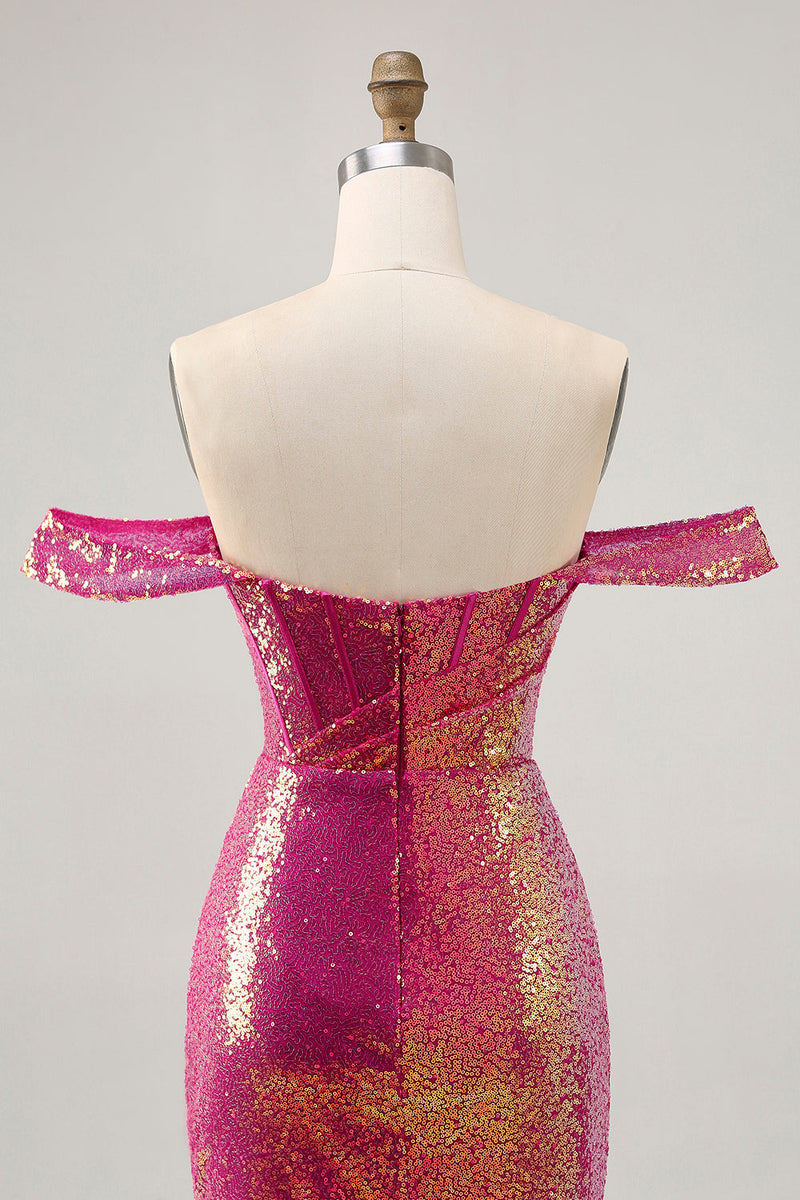 Load image into Gallery viewer, Sparkly Fuchsia Tight Sequin Ruched Short Corset Prom Dress