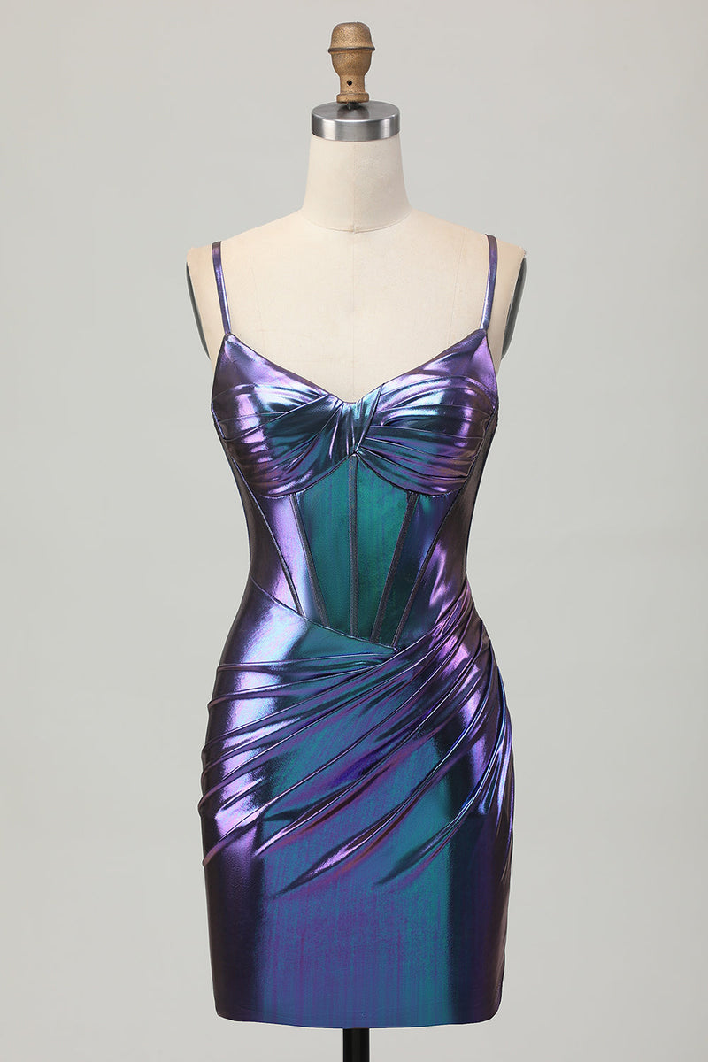 Load image into Gallery viewer, Metallic Blue Purple Corset Tight Glitter Short Prom Dress