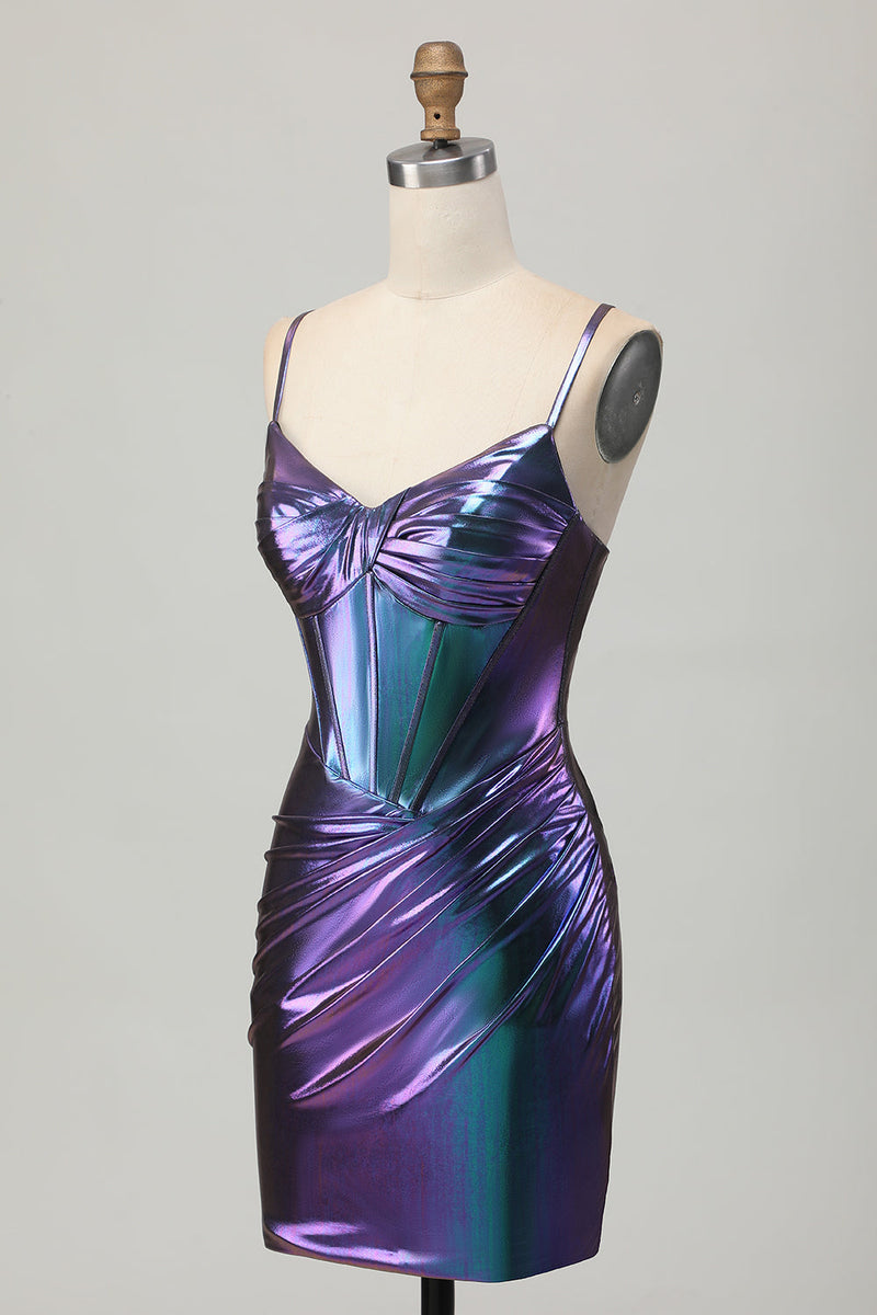 Load image into Gallery viewer, Metallic Blue Purple Corset Tight Glitter Short Prom Dress