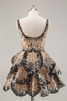 Sparkly Black and Apricot Sequin Tiered Short Prom Dress