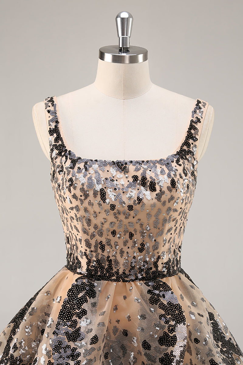 Load image into Gallery viewer, Sparkly Black and Apricot Sequin Tiered Short Prom Dress