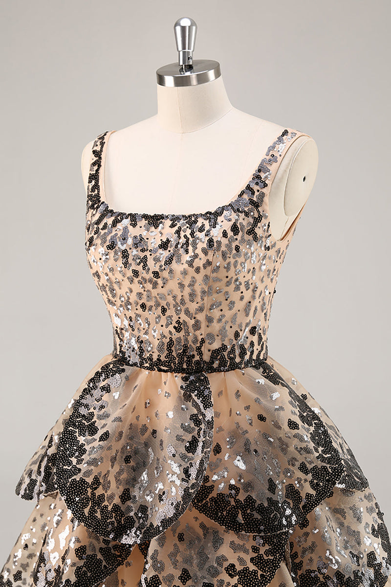 Load image into Gallery viewer, Sparkly Black and Apricot Sequin Tiered Short Prom Dress