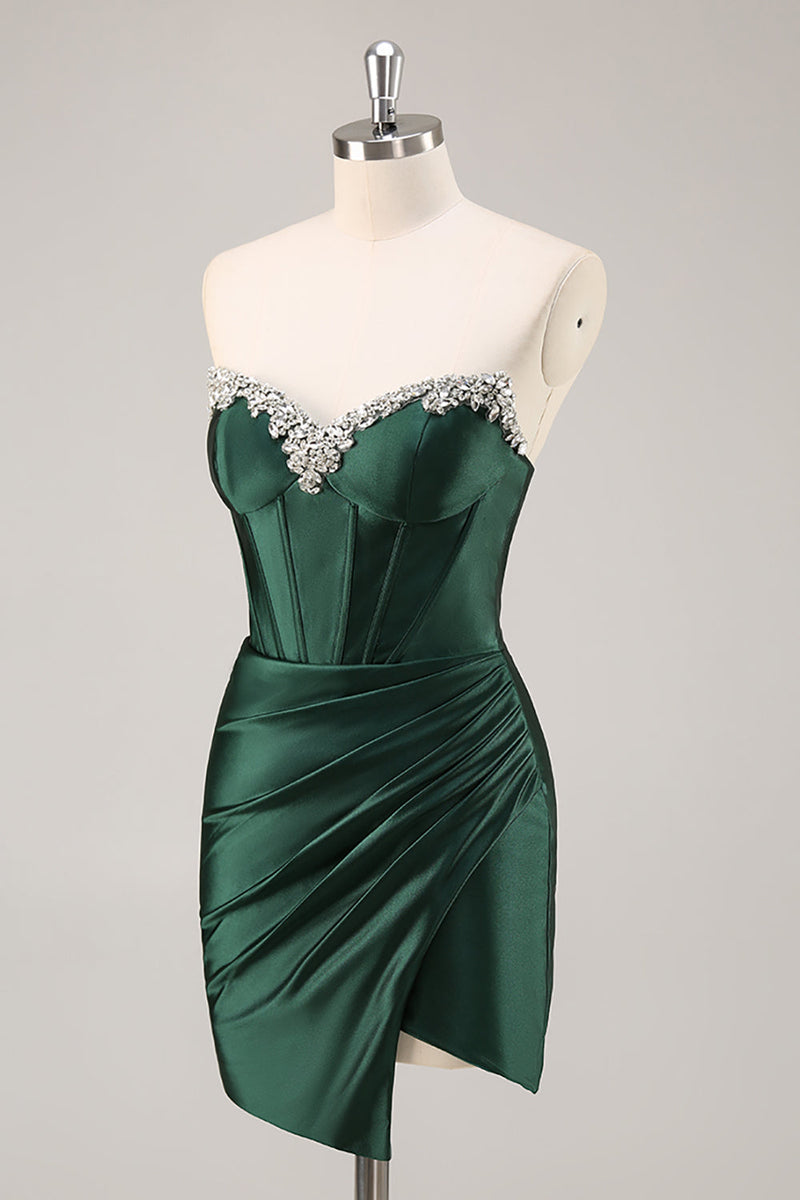 Load image into Gallery viewer, Sparkly Dark Green Corset Strapless Short Prom Dress with Rhinestones