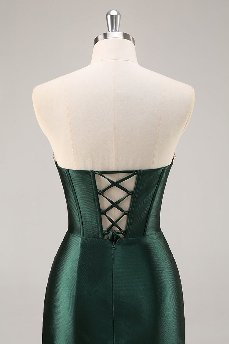 Load image into Gallery viewer, Sparkly Dark Green Corset Strapless Short Prom Dress with Rhinestones