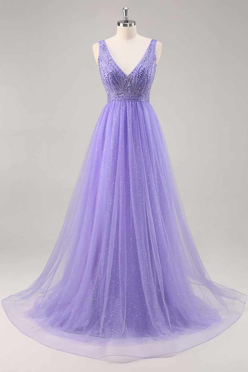 Load image into Gallery viewer, Sparkly Purple Beaded V-Neck A Line Long Prom Dress