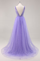 Load image into Gallery viewer, Sparkly Purple Beaded V-Neck A Line Long Prom Dress