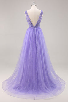 Sparkly Purple Beaded V-Neck A Line Long Prom Dress
