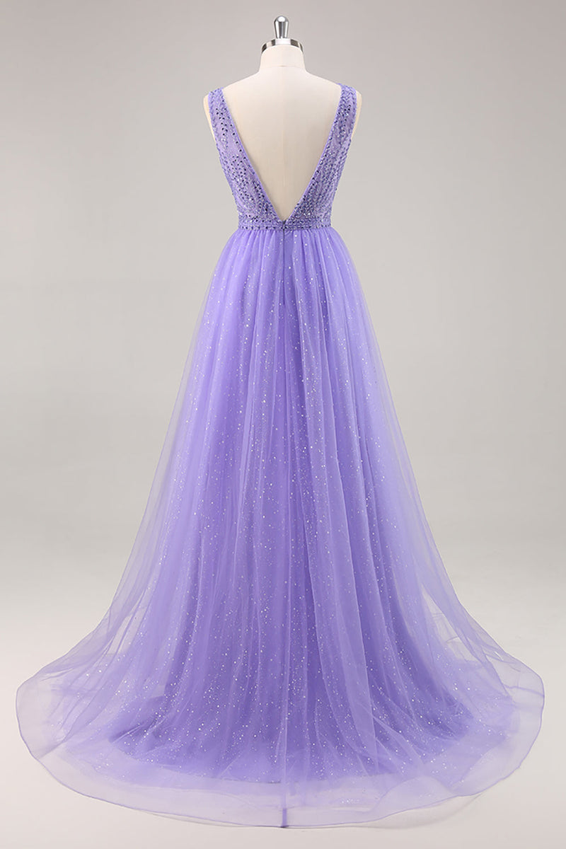 Load image into Gallery viewer, Sparkly Purple Beaded V-Neck A Line Long Prom Dress