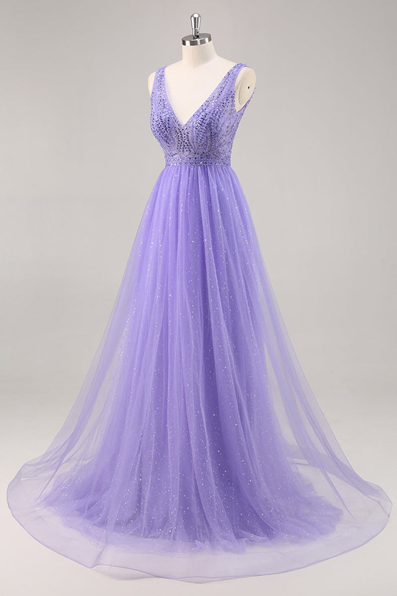 Load image into Gallery viewer, Sparkly Purple Beaded V-Neck A Line Long Prom Dress