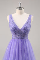 Load image into Gallery viewer, Sparkly Purple Beaded V-Neck A Line Long Prom Dress