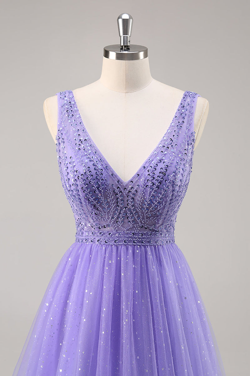 Load image into Gallery viewer, Sparkly Purple Beaded V-Neck A Line Long Prom Dress