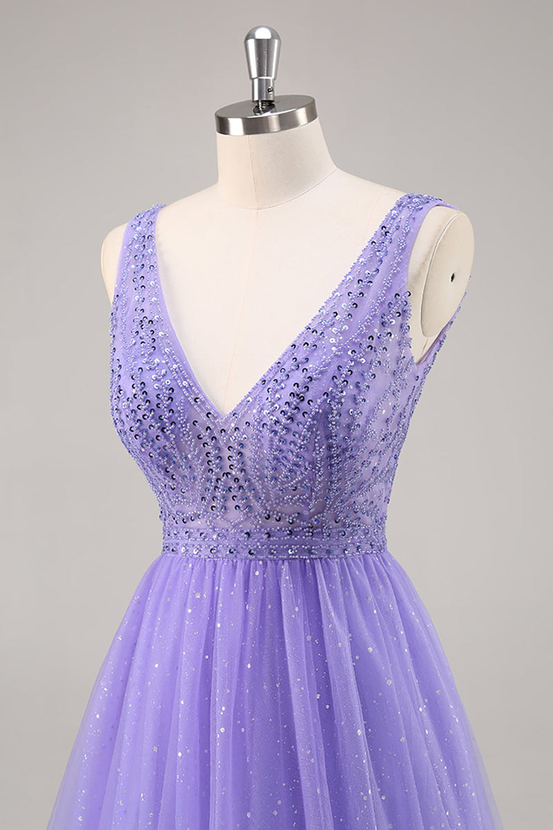 Load image into Gallery viewer, Sparkly Purple Beaded V-Neck A Line Long Prom Dress