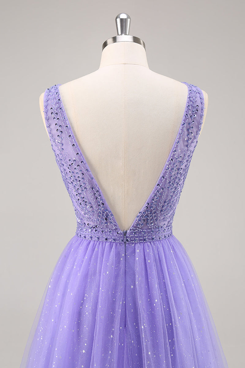 Load image into Gallery viewer, Sparkly Purple Beaded V-Neck A Line Long Prom Dress