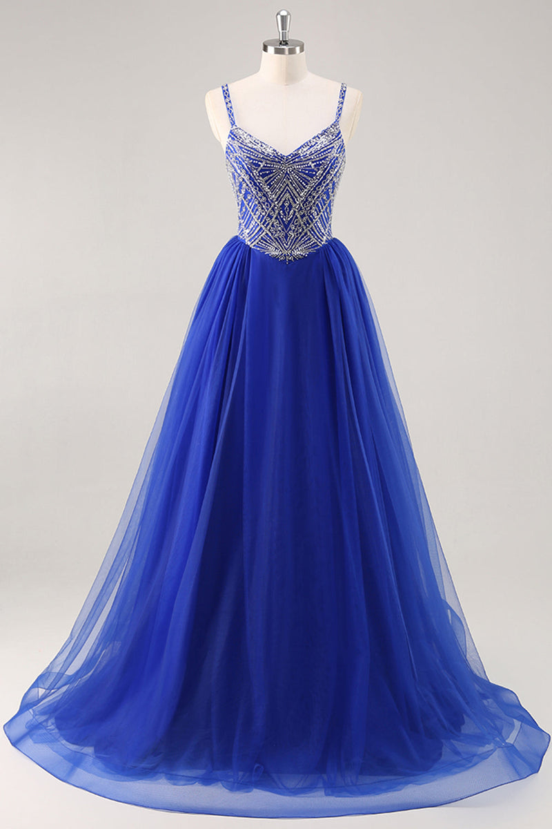 Load image into Gallery viewer, Sparkly Royal Blue Spaghetti Straps Beaded Long Prom Dress