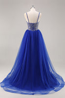 Load image into Gallery viewer, Sparkly Royal Blue Spaghetti Straps Beaded Long Prom Dress