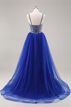 Sparkly Royal Blue Spaghetti Straps Beaded Long Prom Dress