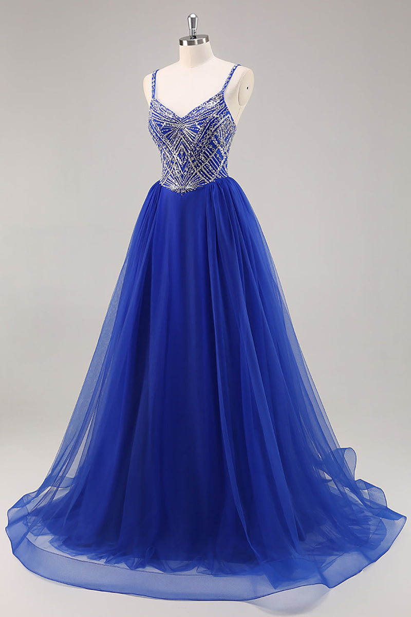 Load image into Gallery viewer, Sparkly Royal Blue Spaghetti Straps Beaded Long Prom Dress
