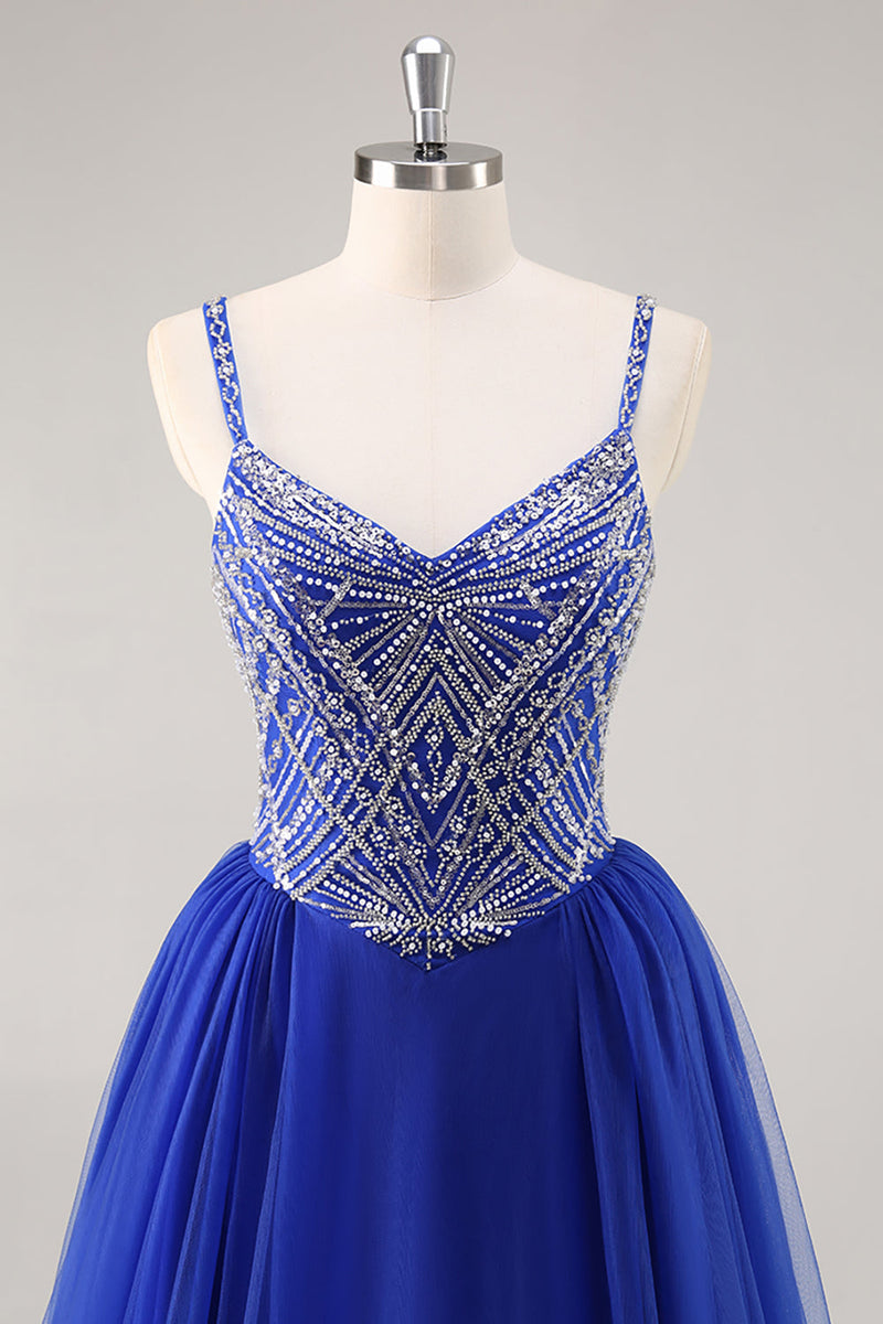 Load image into Gallery viewer, Sparkly Royal Blue Spaghetti Straps Beaded Long Prom Dress