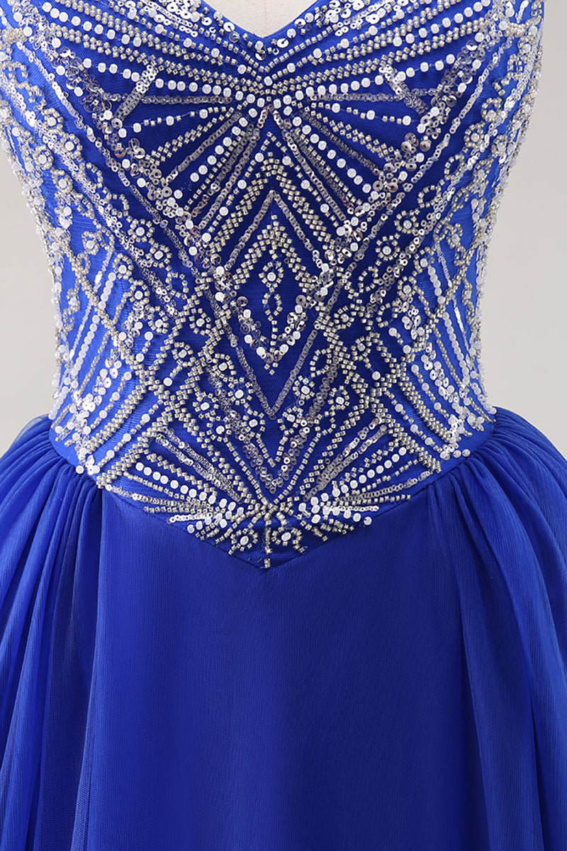 Load image into Gallery viewer, Sparkly Royal Blue Spaghetti Straps Beaded Long Prom Dress
