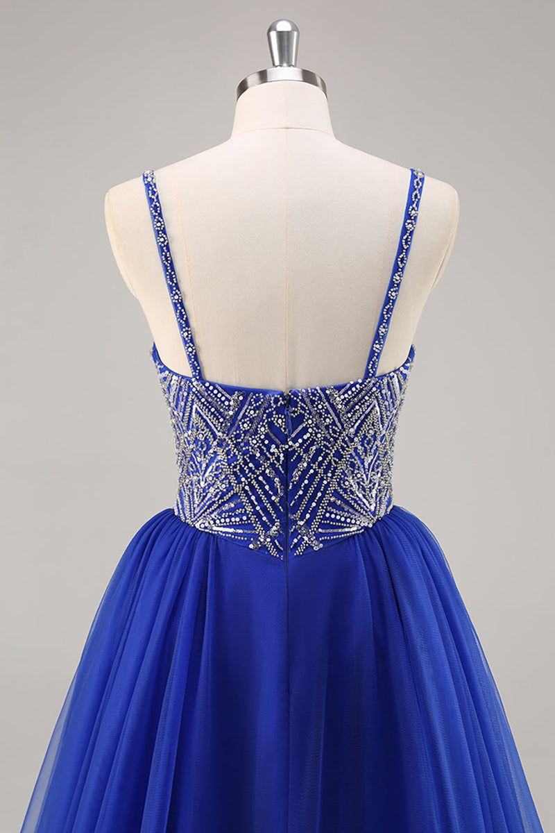 Load image into Gallery viewer, Sparkly Royal Blue Spaghetti Straps Beaded Long Prom Dress