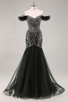 Load image into Gallery viewer, Sparkly Black Beaded Off the Shoulder Mermaid Long Prom Dress