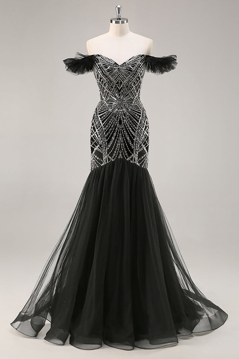 Load image into Gallery viewer, Sparkly Black Beaded Off the Shoulder Mermaid Long Prom Dress