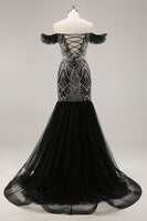 Load image into Gallery viewer, Sparkly Black Beaded Off the Shoulder Mermaid Long Prom Dress