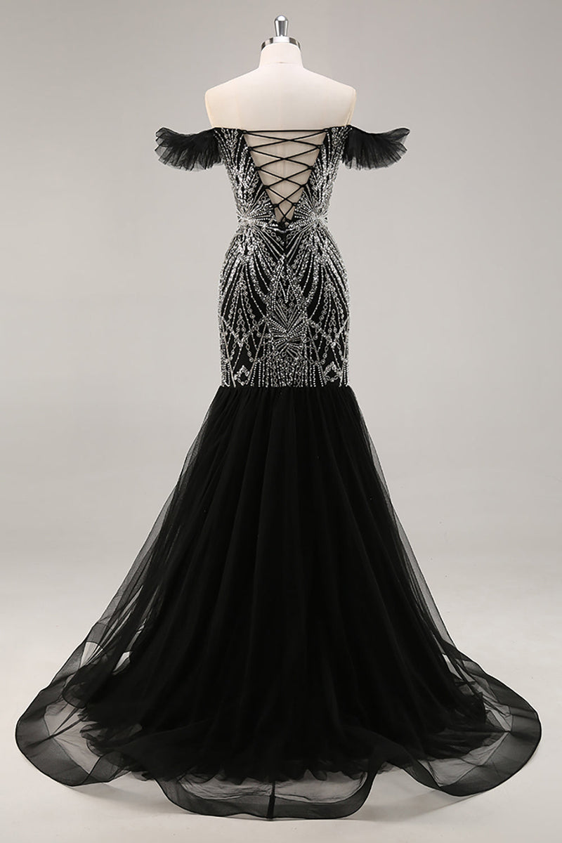 Load image into Gallery viewer, Sparkly Black Beaded Off the Shoulder Mermaid Long Prom Dress