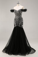 Load image into Gallery viewer, Sparkly Black Beaded Off the Shoulder Mermaid Long Prom Dress