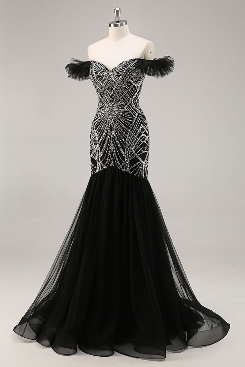 Load image into Gallery viewer, Sparkly Black Beaded Off the Shoulder Mermaid Long Prom Dress