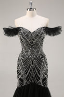 Load image into Gallery viewer, Sparkly Black Beaded Off the Shoulder Mermaid Long Prom Dress