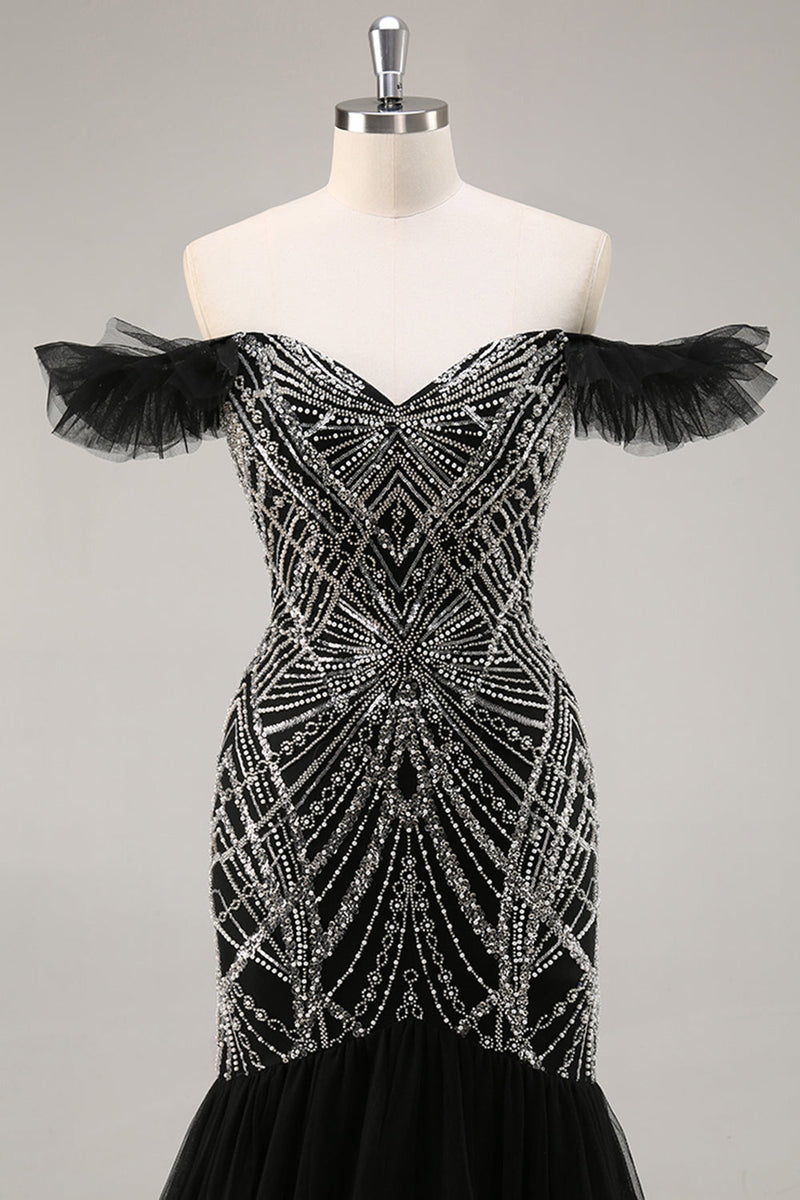 Load image into Gallery viewer, Sparkly Black Beaded Off the Shoulder Mermaid Long Prom Dress
