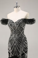Load image into Gallery viewer, Sparkly Black Beaded Off the Shoulder Mermaid Long Prom Dress